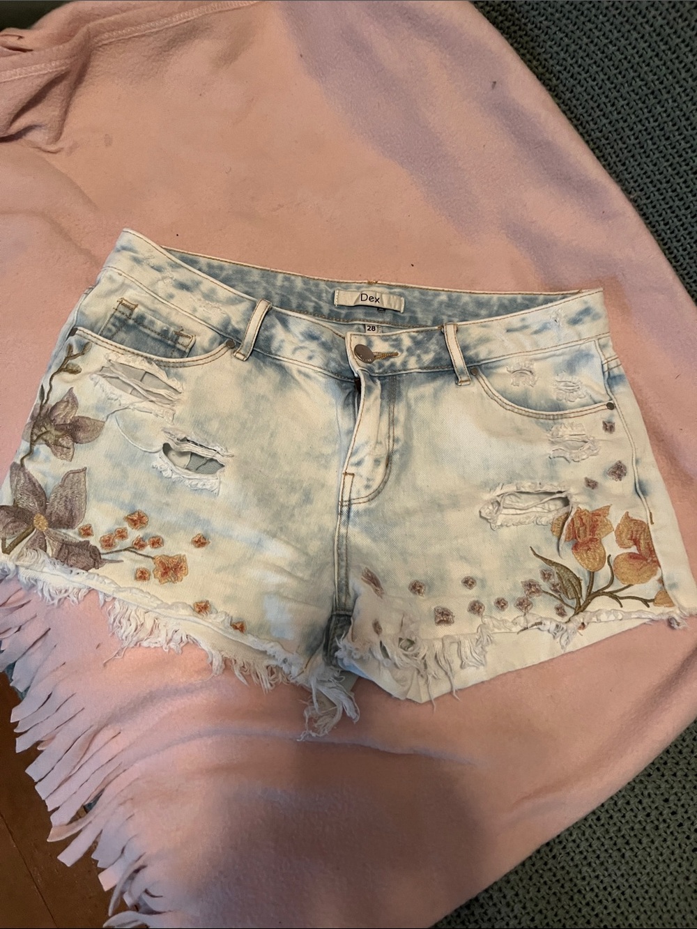 DEX Light Wash Floral Embroidered Distressed Denim Shorts - Light Blue